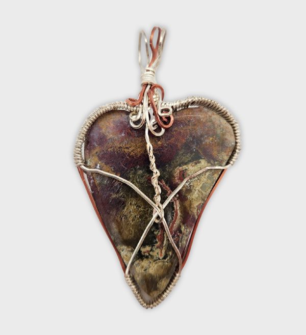 Red & Green Moss Agate Heart in a Copper and Sterling Silver Wrap